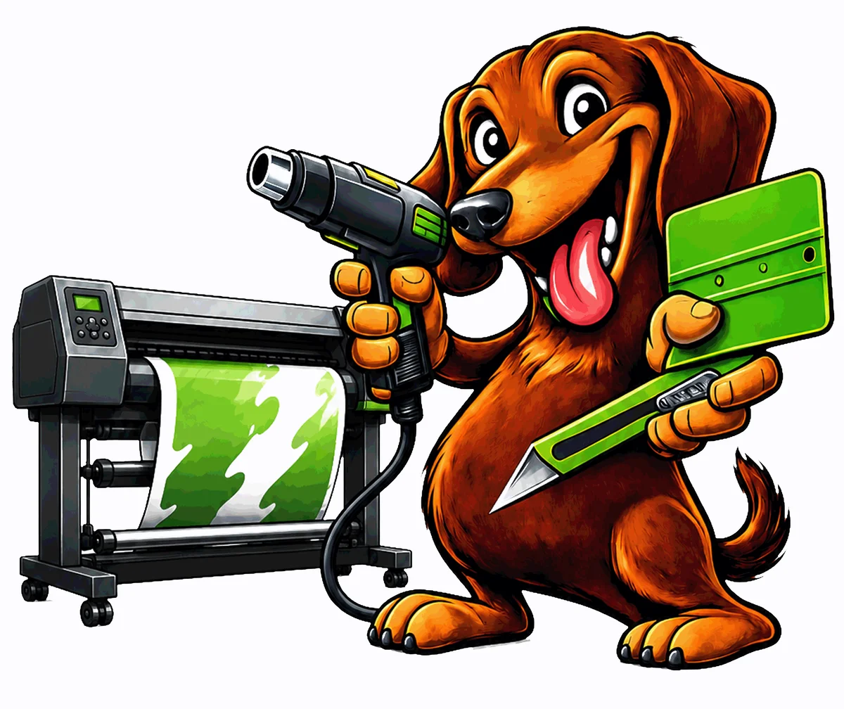 Dachel — das Maskottchen von derFotoshopper mit Werkzeug und Großformatdrucker